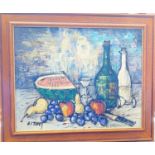 Oil on canvas by W. Tobey - Fruit and Wine. Size 62 x 52cm.