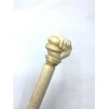 19th century whale bone walking stick with carved hand holding serpent, 83cm long approx