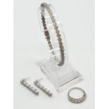 18ct White Gold Diamond Jewellery Set, Includes, Half Eternity Ring, Sized K 1/2, Pair of Drop