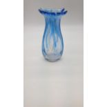 Blue transparent glass vase with vertical dark blue and white stripes, cut collar. (8.0 inches) (5