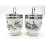 Pair of Royal Worcester egg coddlers with bird design, perfect condition in original Royal Worcester