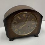 Smiths of Enfield mantle clock dark wood with gold roman numerals, key included. Width 23cm,