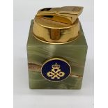 Vintage green onyx cube table lighter having Queens medal for export to side.