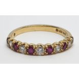 18ct Yellow gold diamond and ruby half eternity ring. Weight 2.3g, Size M.