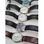 Five wristwatches with leather straps. A / F.