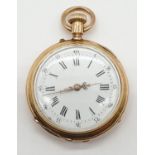 9ct Gold vintage pocket watch, white face with roman numerals. Diamond incrusted floral design on
