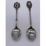 2 silver German spoons with enamel town names for finials.