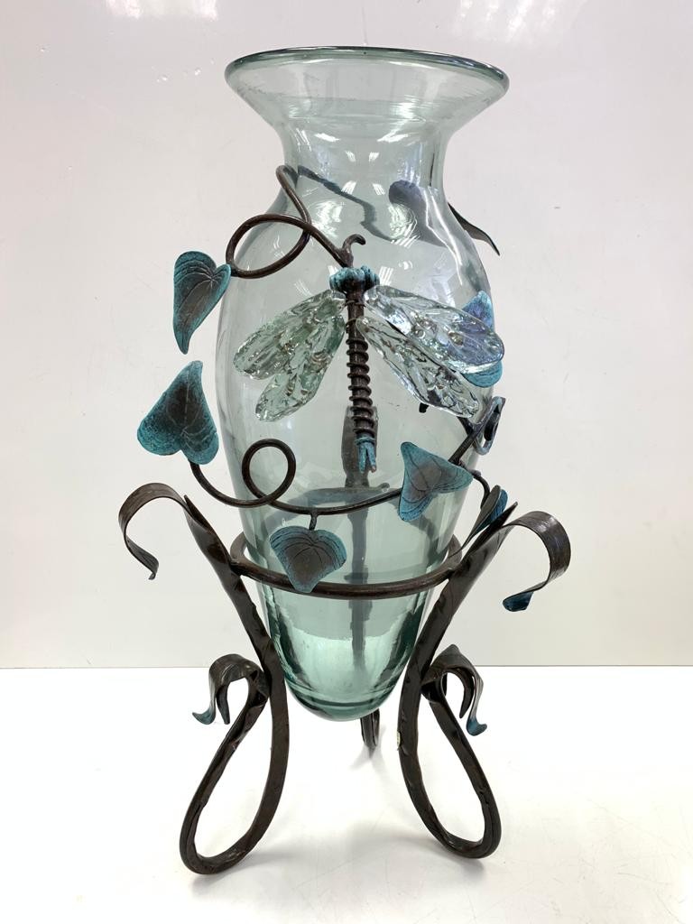 Wrought-Iron sculptured vase with glass dragonfly. 53 cm high.