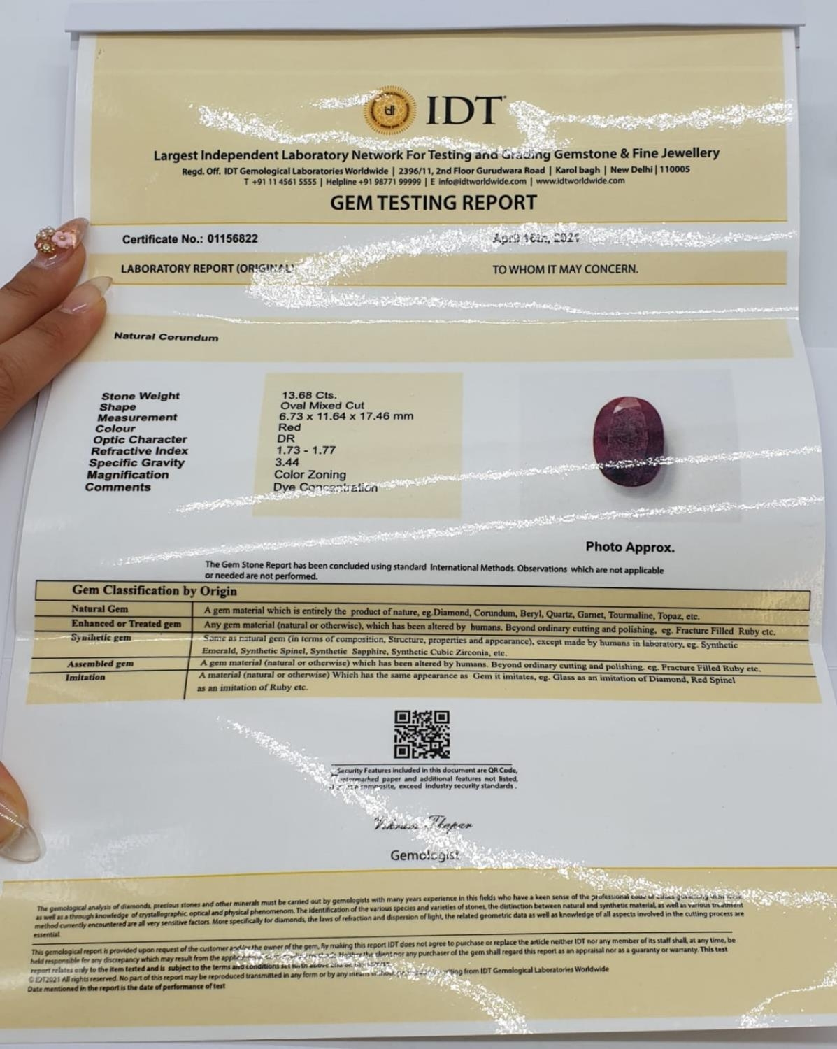 13.68ct Ruby Gemstone IDT CERTIFICATED - Image 5 of 5