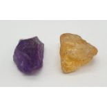 Total 30cts Amethyst and yellow topaz 2 large rough gemstones