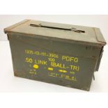 50 Calibre Machine Gun Ammo Tin Dated 1981. Reputedly to have been used in the Falklands War. A real