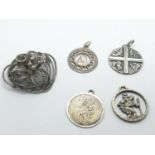 4 x silver PENDANTS plus a filigree BROOCH