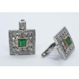 18k white gold emerald and diamond earrings squared shape, weight 7.24g and 12mm x 12mm size