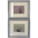 Pair of Pen & Ink Drawings of Victoria Harbour Hong Kong. One picture has pink wash the other has