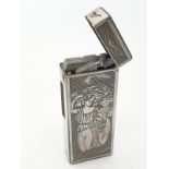 Vintage rare Win lighter chased engraving of ladies carrying harvest. White metal.