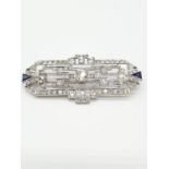 Art deco 1920's diamond and sapphire brooch, approx 4.93ct of diamonds set in 9ct white gold, weight