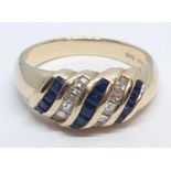 14ct Yellow gold diamond and sapphire ring. Weight 4.2g, Size N.