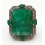 Emerald M size silver ring with 23.50ct emerald and 0.8ct rose cut diamonds