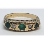 9ct Yellow gold diamond and emerald five stone ring Weight 2.8g, Size K.