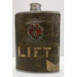 Pewter Hip Flask covered with WW1 Aircraft Fabric and Royal Flying Corps Collar Badge.