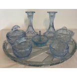 Art Deco 1920's Glass Dressing Table Pieces in Pale Blue Tones. To Include Glass Sun Ray Tray,