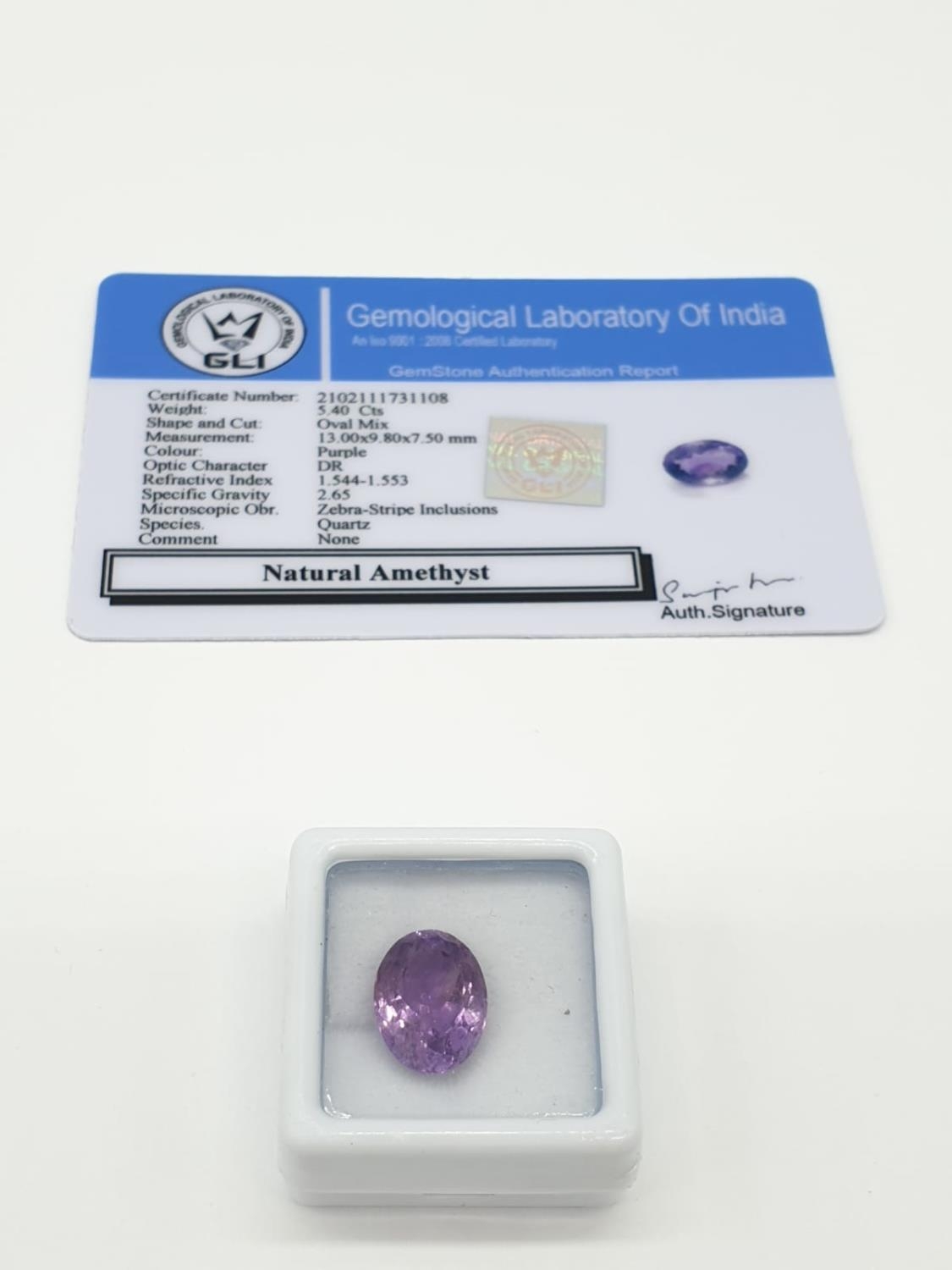 2 Gem Stones GLI CERTIFIED and a dressed silver Ring: 5.40ct natural amethyst 5.15ct natural - Image 8 of 8