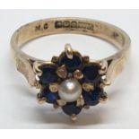 9ct Yellow gold sapphire and pearl cluster ring. Weight 2.8g, Size M.