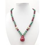 Stone set (ruby and emerald?) necklace, weight 44.62g and 46cm long approx