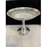 Vintage silver raised bon bon dish on trumpet base. Pierced filigree work to top of dish. Clear