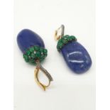Large pair of lapis lazuli drop earrings decorated with emerald and diamonds set in 18ct gold (1