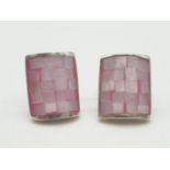 Silver stone set EARRINGS in rectangular form having pale pink mother of pearl brickwork pattern.