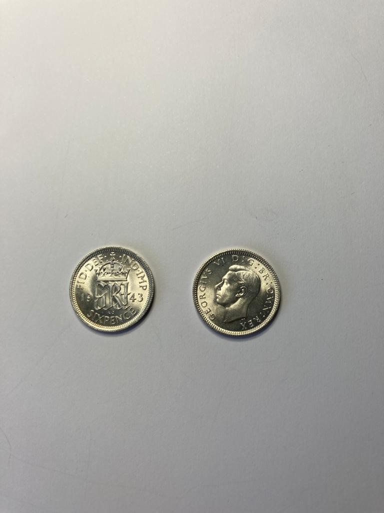 2 x 1943 Uncirculated sixpences, wartime 'tanners'. Exceptional condition no spotting. - Image 2 of 2
