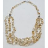Three row Cabochon citrine gemstone chunky necklace with silver sterling beads. Length 29cm,