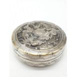 Vintage large white metal snuff box with raised dragon on top. Lid fitting snug and tight Size 6.