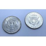 Pair of Kennedy silver half dollars. 1965 & 1966. Extra fine/ brilliant condition