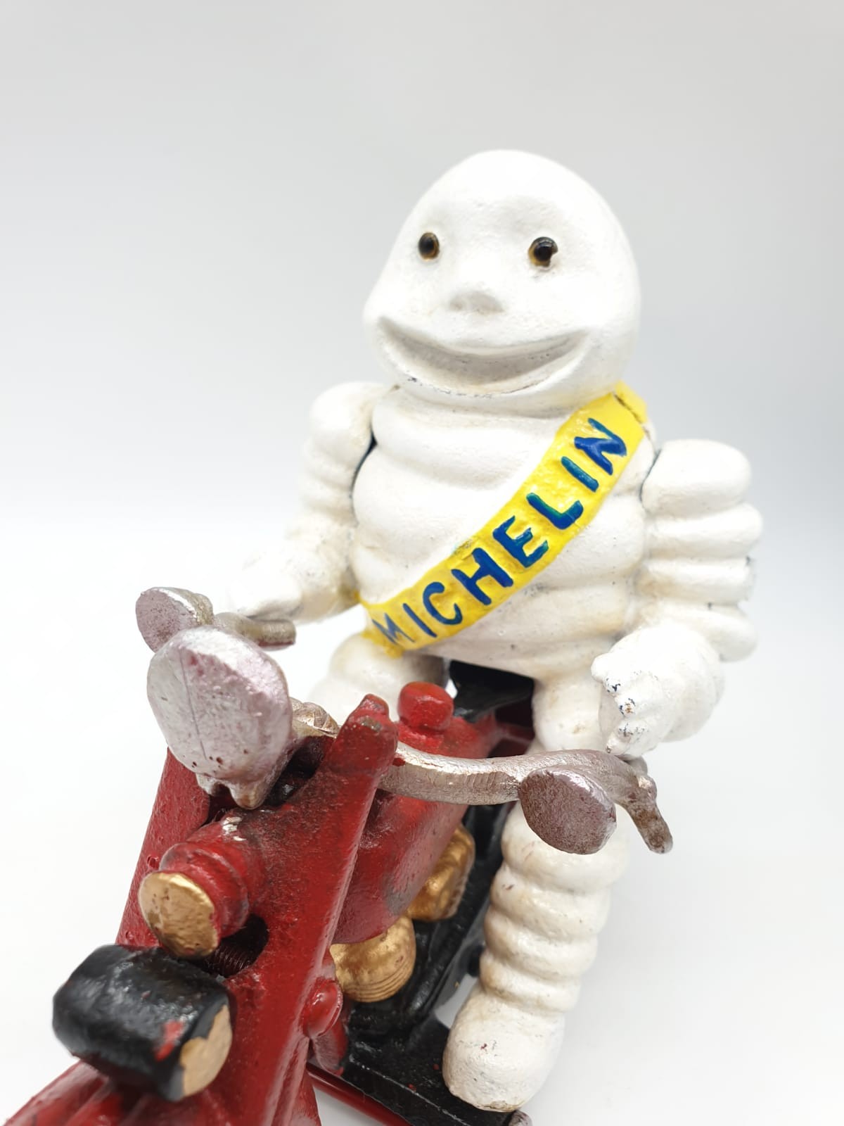 A collector?s item, French, cast iron, MITCHELIN MAN, on a motorbike. Wheels turning with special - Image 4 of 6