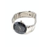 Gent Swiss line wristwatch, black face model having stainless steel strap with chrome finish, quartz