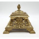 Ornate brass inkwell stand, 17cm tall, 19x19cm width