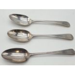 Three Georgian silver desert spoon circa 1830s. 34 grams total.