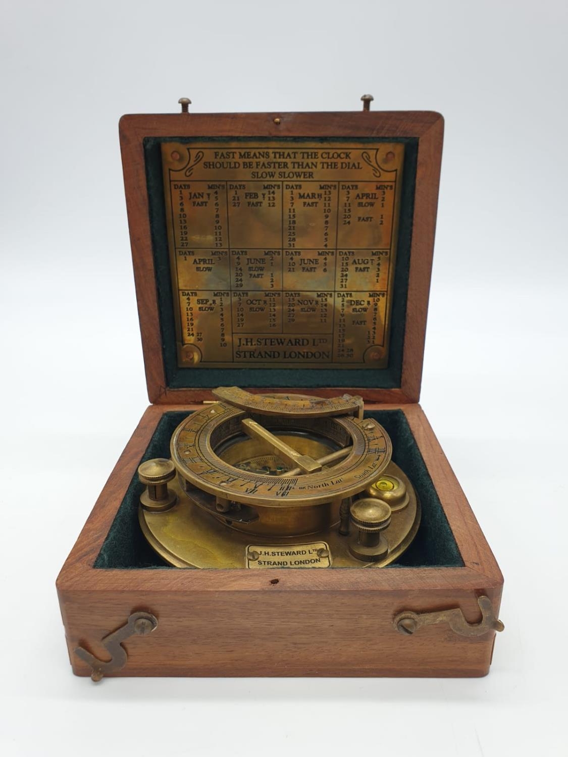 J.H.Steward of Strand London brass compass and sundial circa 1950 in custom made box (12x12cm)