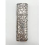 Vintage silver needle case. Intricate floral chased design. Continental 800 silver. Probably French.