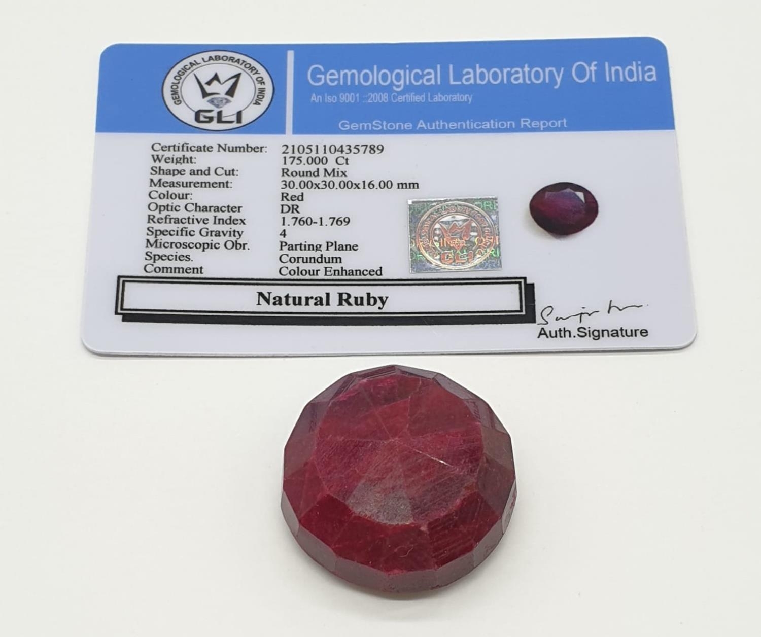 175ct Large size round Ruby Gemstone GLI CERTIFIED