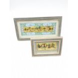 2 different size frames containing very early hand paintings on some form of bone strip, later