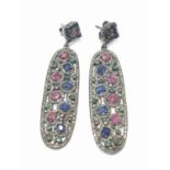 Ruby and Blue Sapphire Gemstone Dangler Earrings in sterling silver with rose cut diamonds
