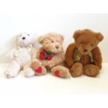 Three Harrod's Teddy bears. Approx. 35cm. A Valentine and two ribbon bow types.