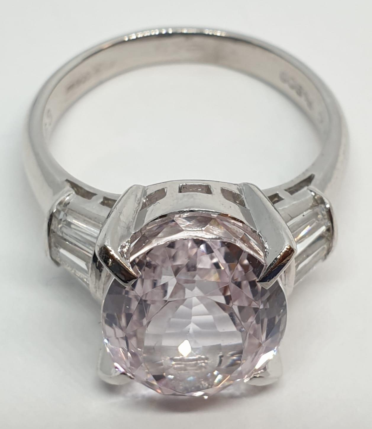 Platinum ring with a large 7.24ct cognizant stone centre and 0.64ct diamonds on shoulders, weight - Image 4 of 13