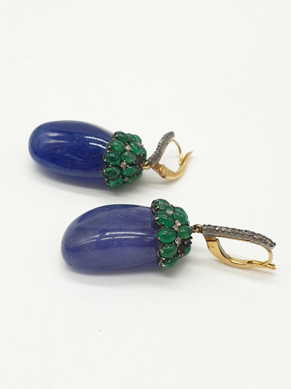 Large pair of lapis lazuli drop earrings decorated with emerald and diamonds set in 18ct gold (1 - Image 2 of 4