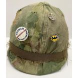 Vietnam War Era U.S.M.C Helmet. The Mitchel-Duck Hunter Reversible Helmet Cover is marked inside ?