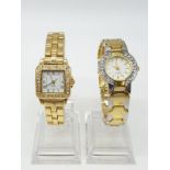 A pair of ladies 'gold' coloured wristwatches. 1 x Square face with zirconia surround. 1 x Round