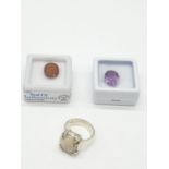 2 Gem Stones GLI CERTIFIED and a dressed silver Ring: 5.40ct natural amethyst 5.15ct natural